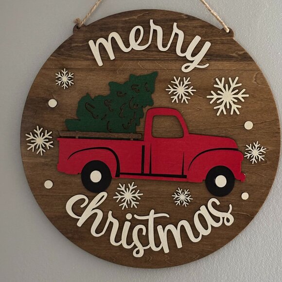 Hand Crafted Other - ❄️ Rustic “Merry Christmas” Wooden Door Sign | Vintage Truck Design